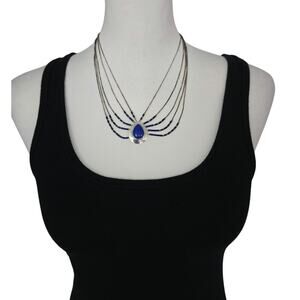 Vtg Southwestern Liquid Sterling Silver Bead Necklace Lapis Lazuli Pendant Bib